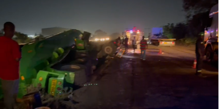 Fuel tanker overturns on Tema motorway, all passengers, driver unharmed